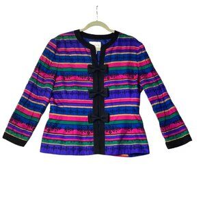 Vtg Safe Silk Adrianna Papell Blazer Jacket Women Size 12 Stripes Bows Lined Y2K